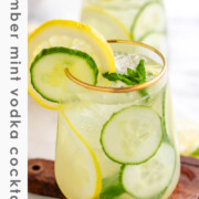 A cocktail garnished with lemon and cucumber slices and fresh mint with the text cucumber mint vodka cocktail.