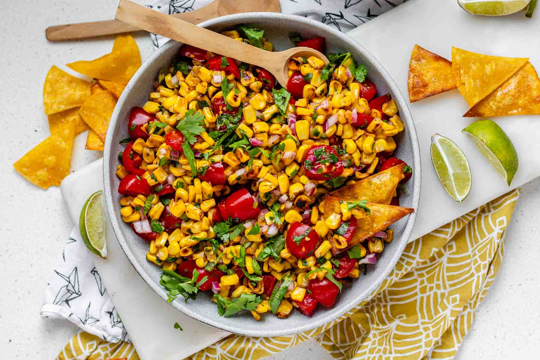 A corn and tomato salsa in a bowl.