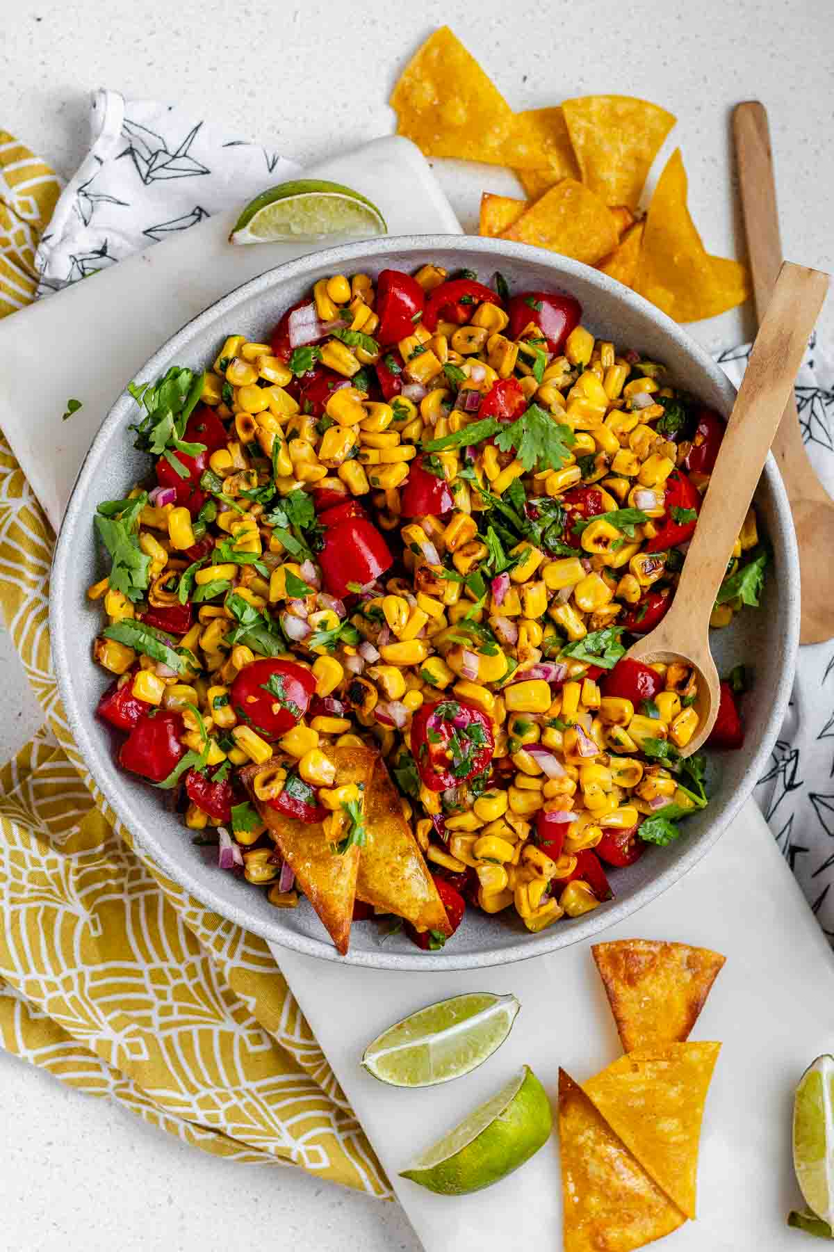 A corn and tomato salsa in a bowl.