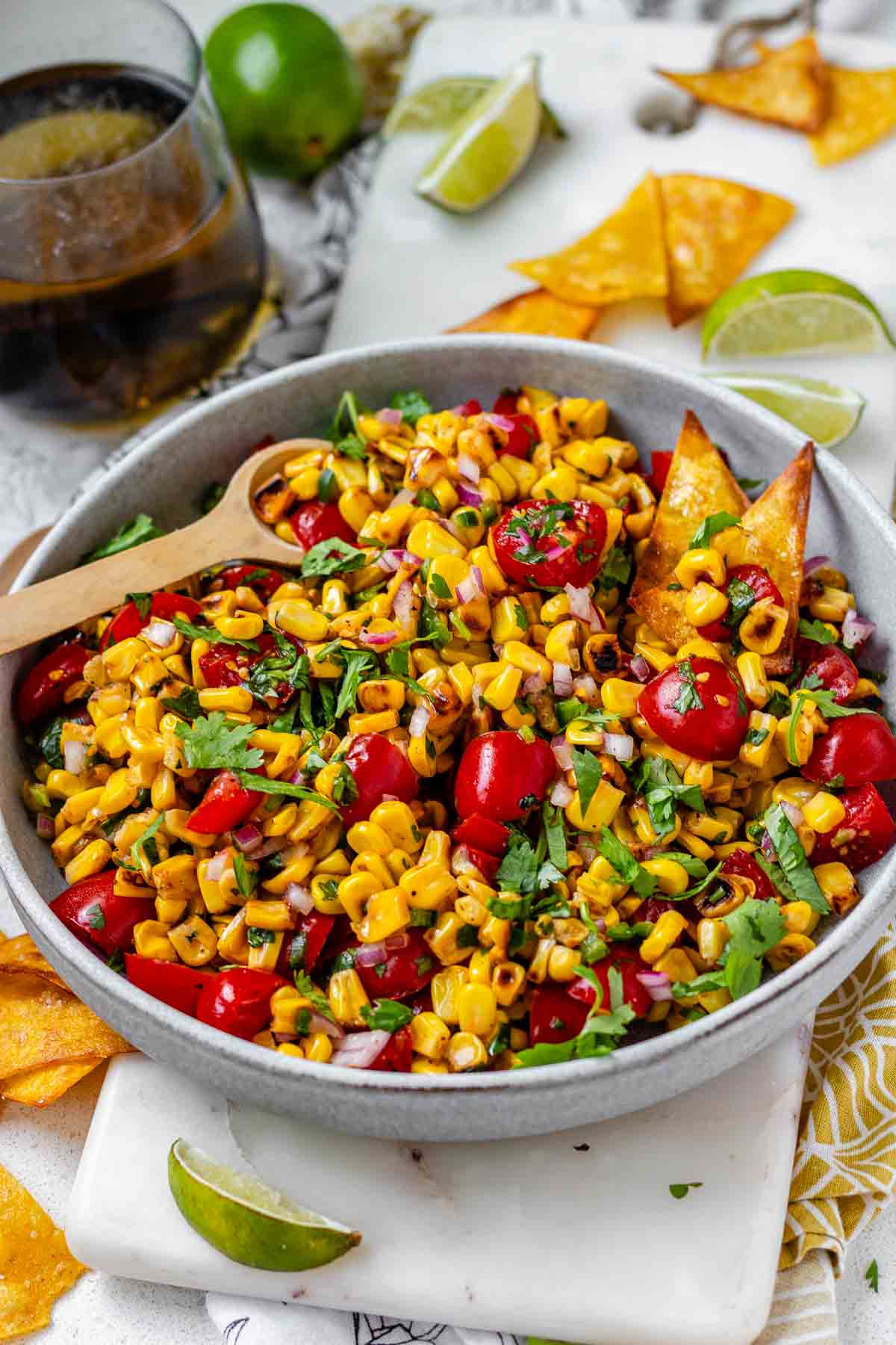 A corn and tomato salsa in a bowl.