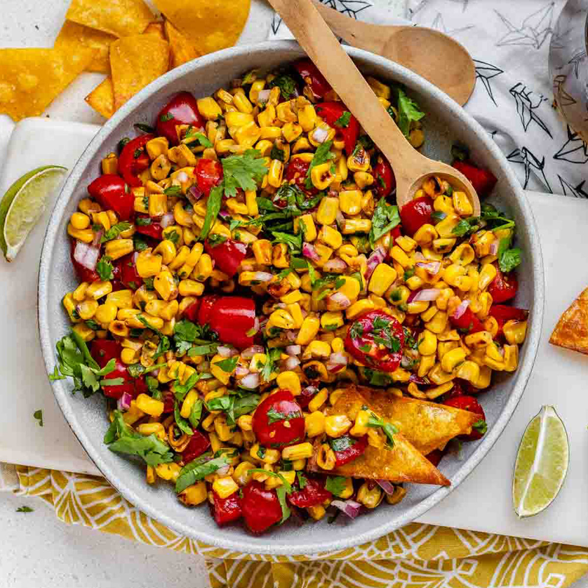 A corn and tomato salsa in a bowl.