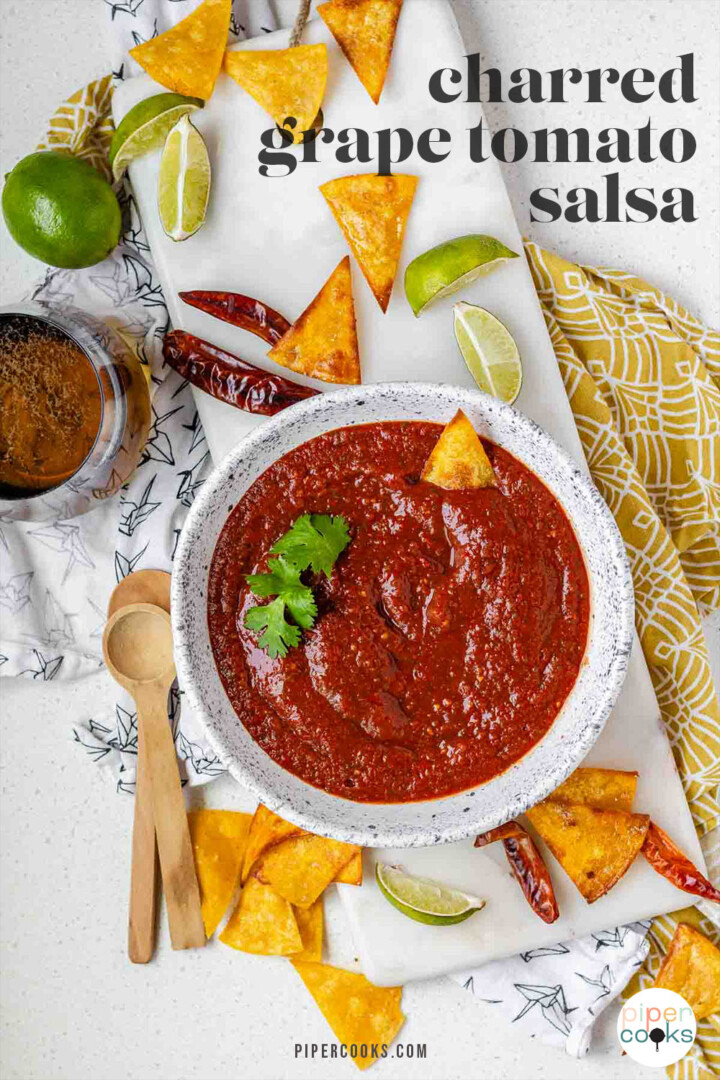 Salsa in a bowl with the text charred grape tomato salsa.