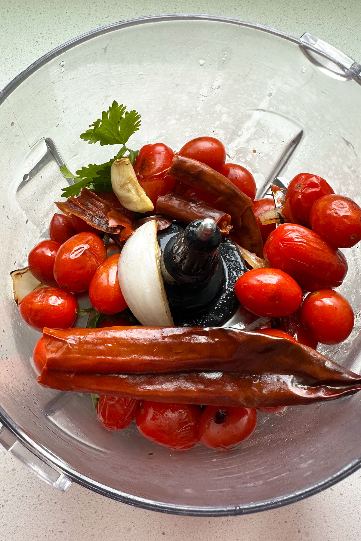 Onion, garlic, dried chilies, cilantro, and grape tomatoes in a food processor.