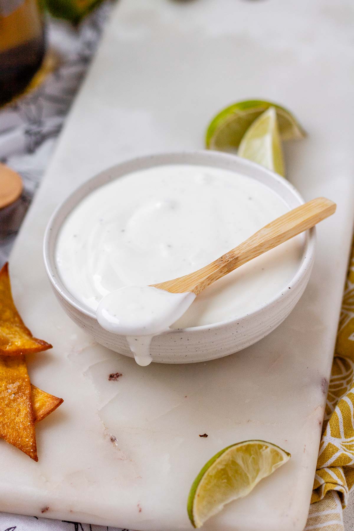 A white sauce in a bowl.