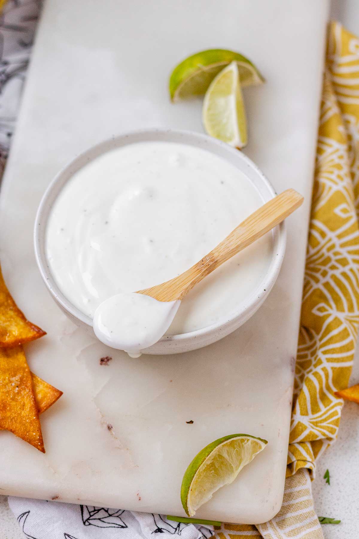 A white sauce in a bowl.