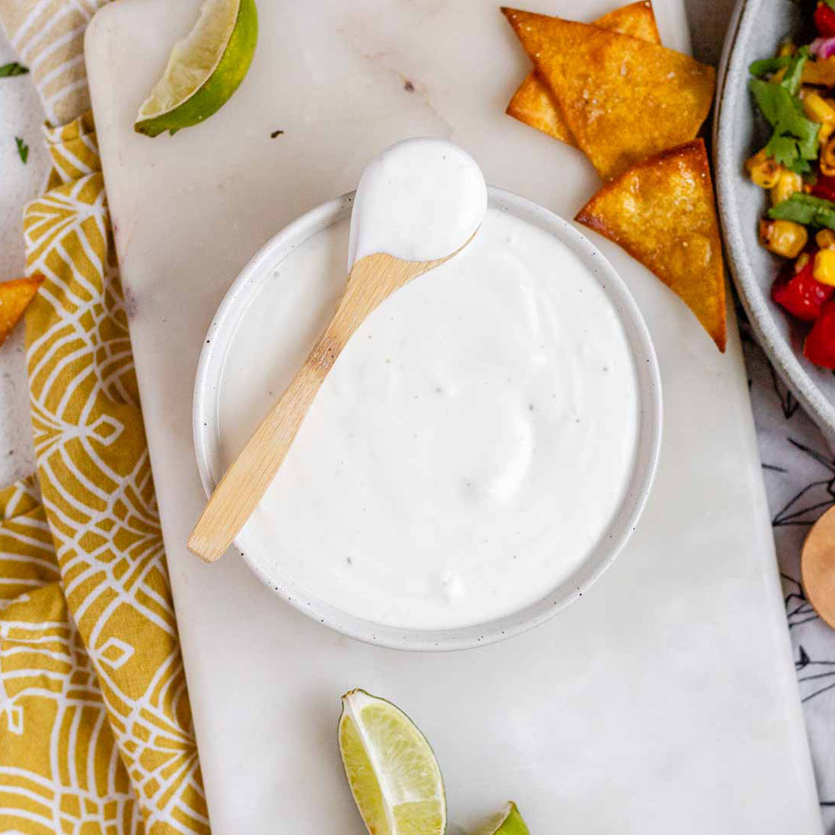 A white sauce in a bowl.