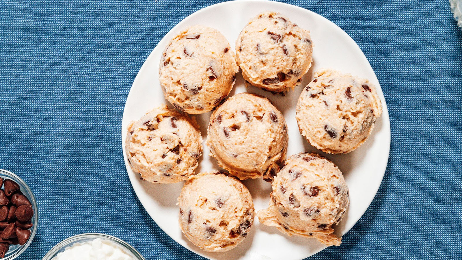 Scoops of cottage cheese cookie dough with chocolate chips.