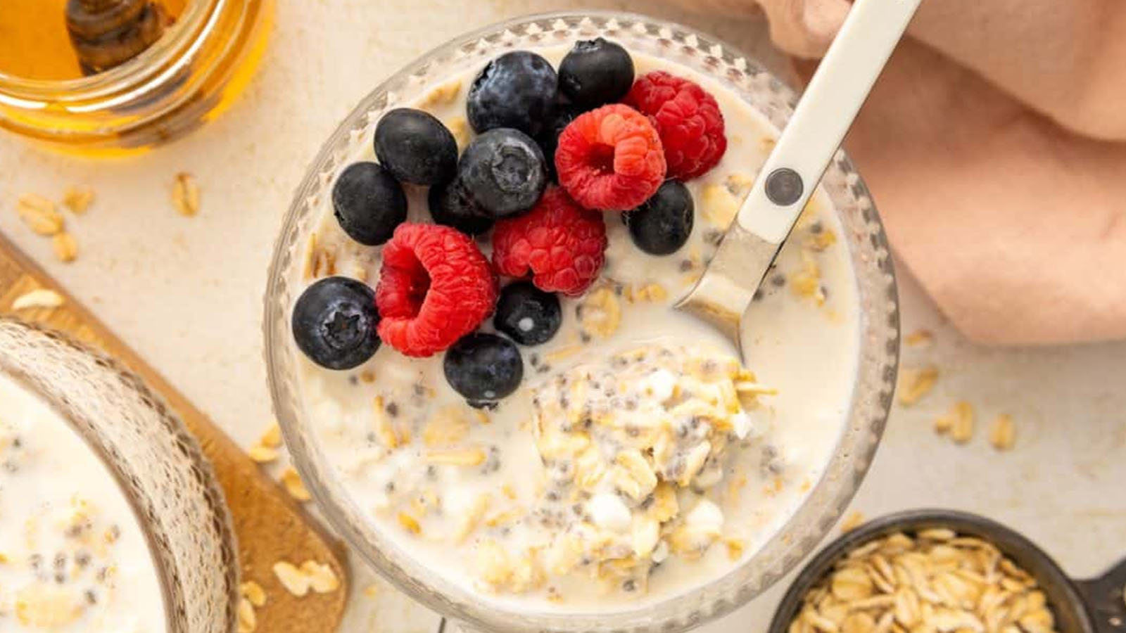 Cottage cheese overnight oats topped with fresh berries.