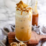 Peanut butter marshmallow iced latte with homemade syrups, topped with toasted marshmallows and peanut butter syrup drizzle.