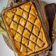 A baking dish of diamond-cut flaky pastry.