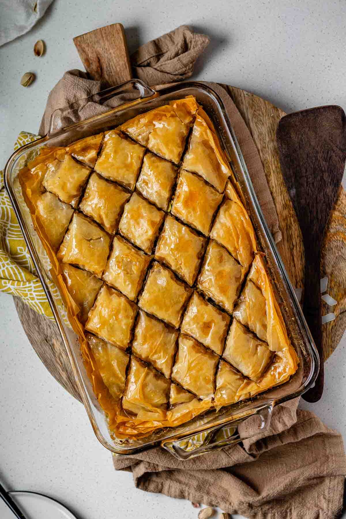 A baking dish of diamond-cut flaky pastry.