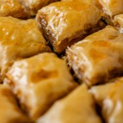 A baking dish of diamond-cut flaky pastry.
