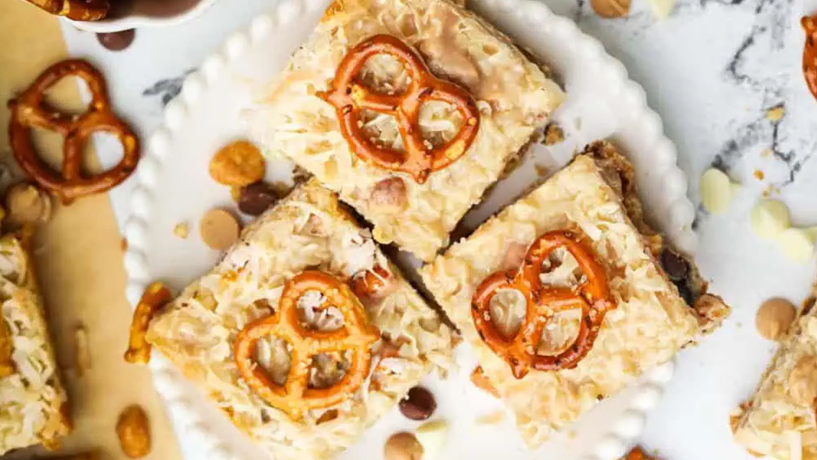 A dessert square topped with pretzels.
