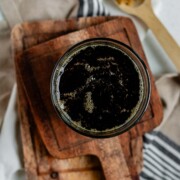 Brown sugar syrup in a glass.