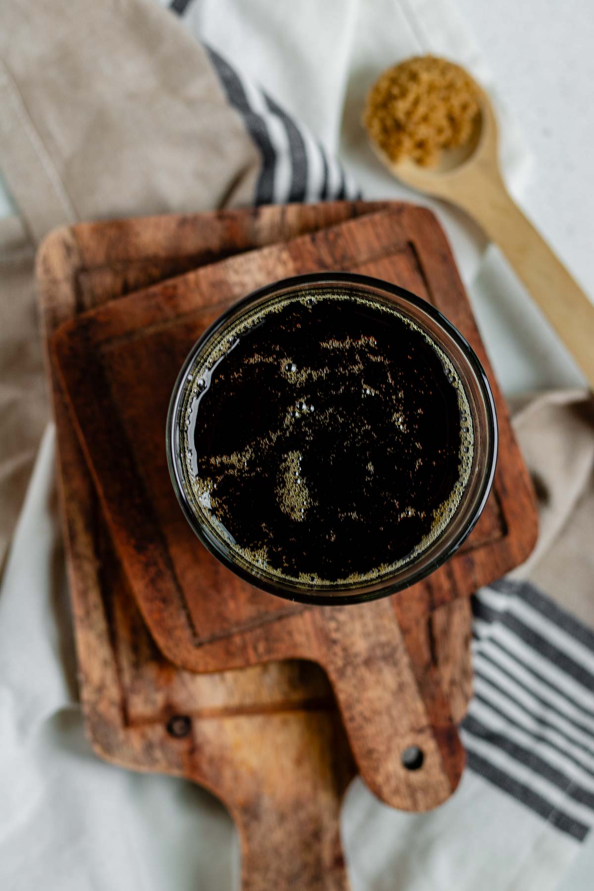 Brown sugar syrup in a glass.